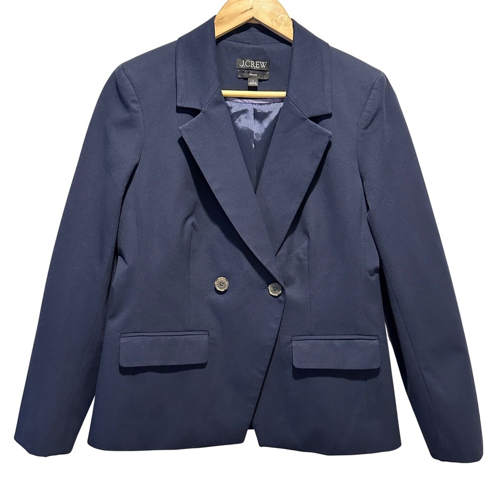 J.Crew Devon Blazer Womens 4‎ Navy Blue Cotton Blend Double Breasted Workwear